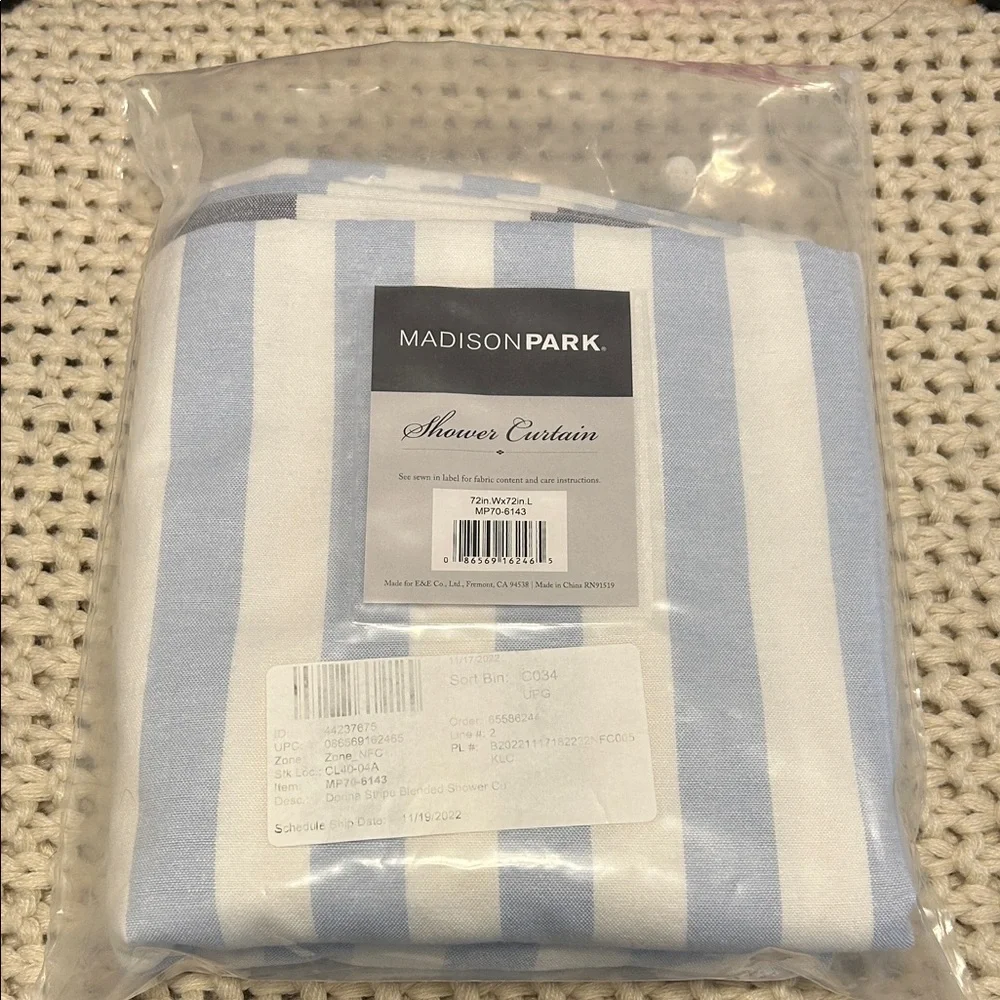 Madison Park Light Blue and Navy Striped Shower Curtain